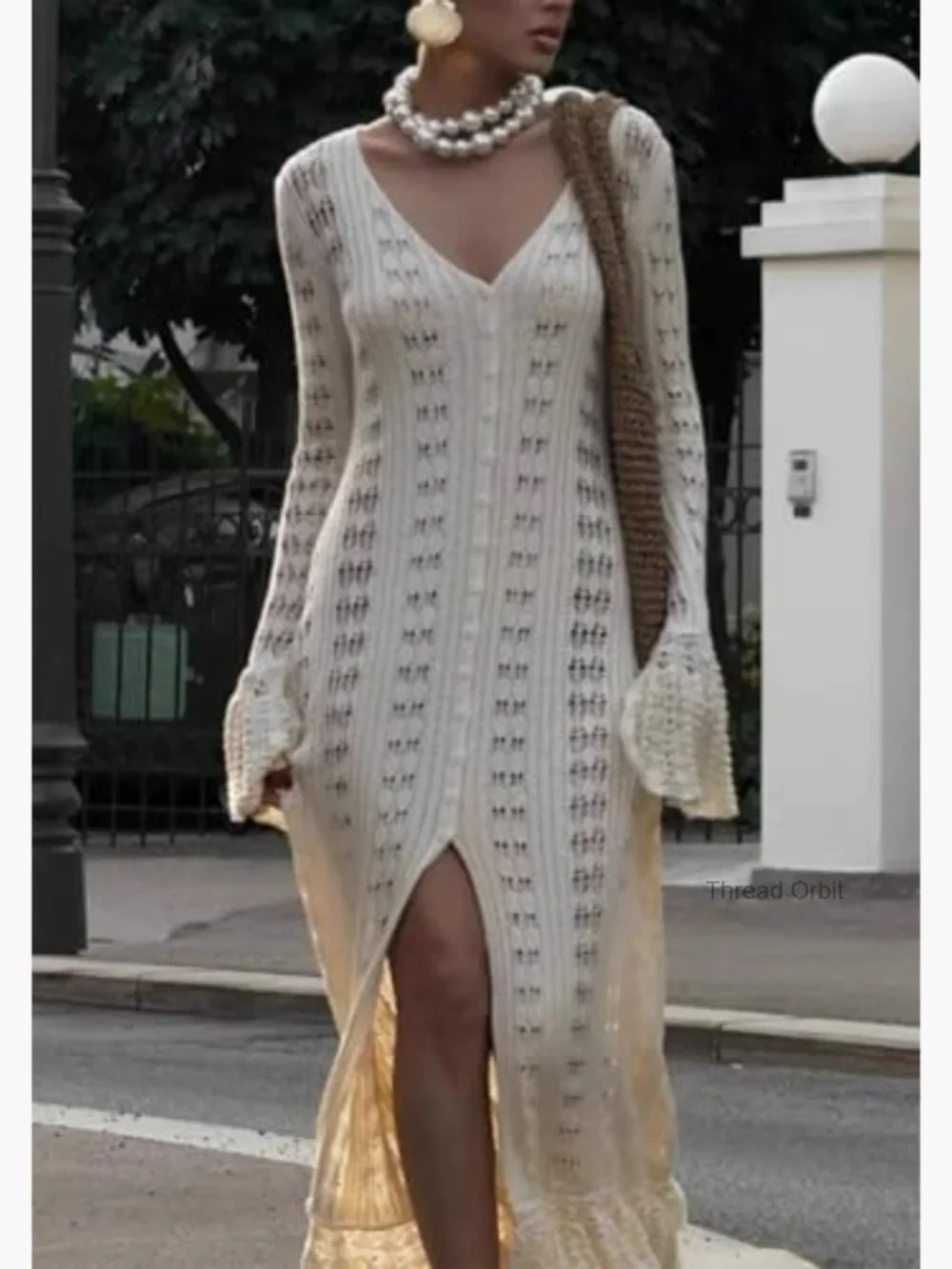 Women's Long Crochet Cardigan Bell Sleeve Ruffle Knit Lightweight Duster